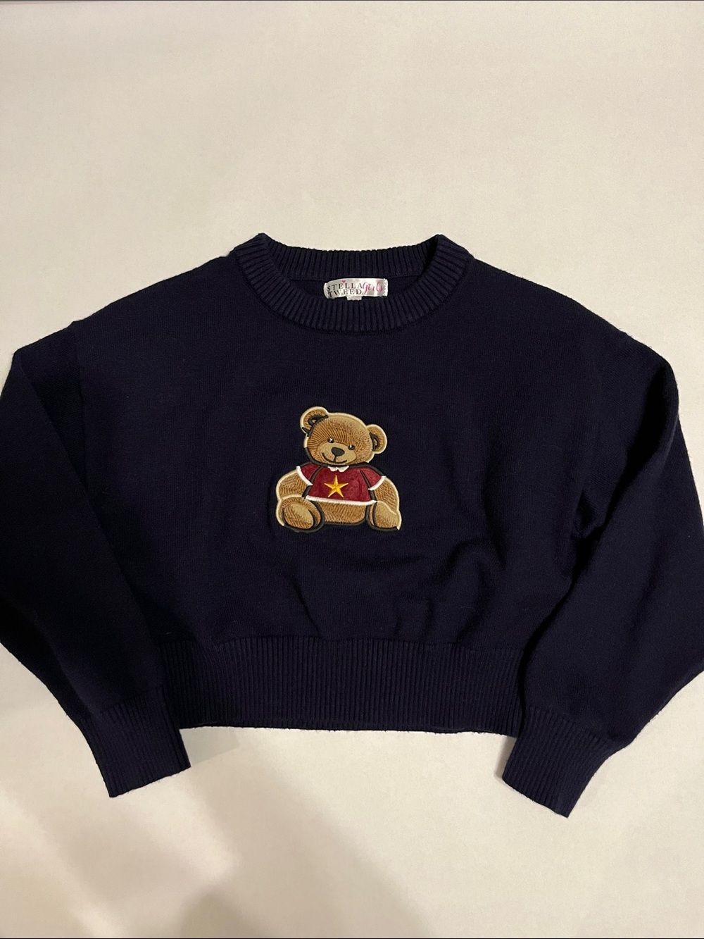 Stella Tweed Navy Sweater with Teddy Patch